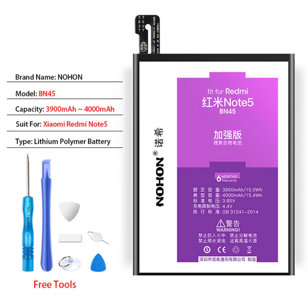 Аккумулятор NOHON BN35 BN37 BN44 BN45 BN47 для Xiaomi mi A2 Lite Red mi 5 Plus 6 6A Note 5 Замена мобильных телефонов бесплатные инструменты - Цвет: BN45 Redmi Note 5