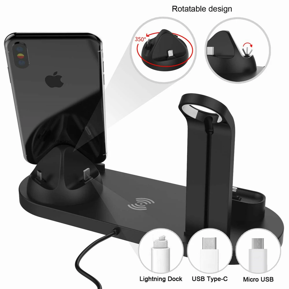 10 Вт Qi Беспроводное зарядное устройство док-станция 4 в 1 для Iphone Airpods Micro usb type C подставка Быстрая зарядка 3,0 Для Apple Watch зарядное устройство