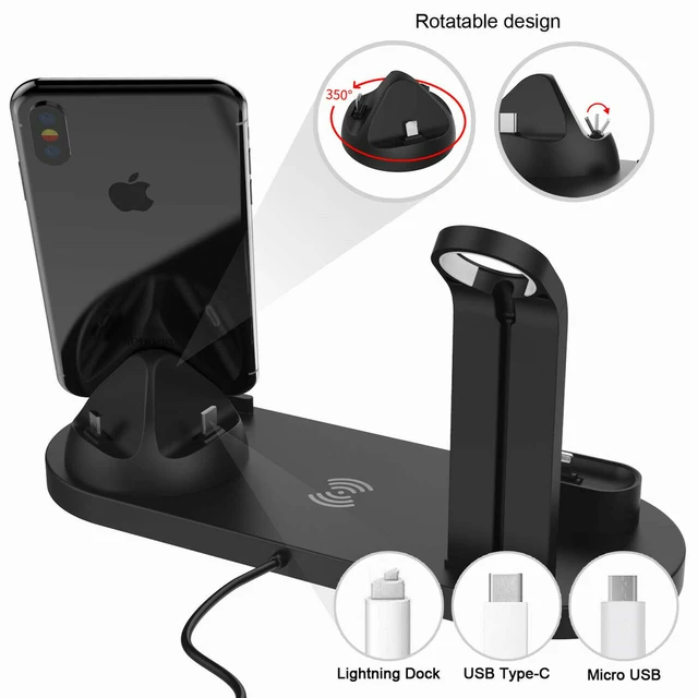 10W Qi Wireless Charger Dock Station 4 in 1 For Iphone Airpods Micro USB Type C Stand Fast Charging 3.0 For Apple Watch Charger 3