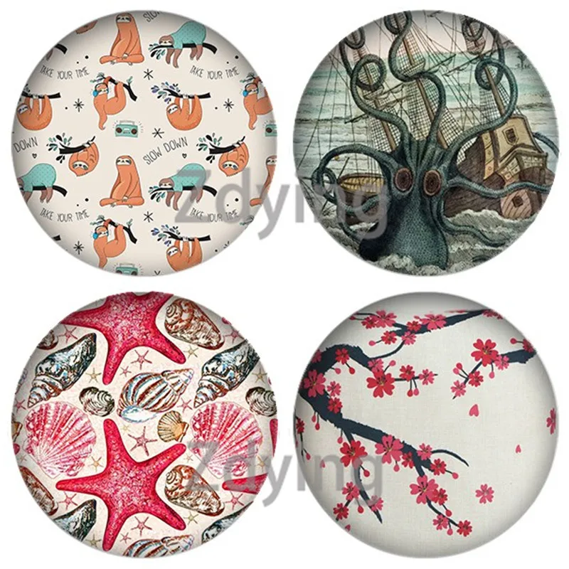 Zdying 5pcs Ocean Turtle Beach Starfish Shells Fish Deer Round Glass Cabochon Dome Photo Demo Flat Back Making Jewelry Findings | Украшения