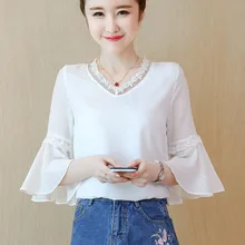 Korean Women Chiffon Blouses Woman Flare Sleeve Blouse Tops Plus Size Women V-neck Lace Patchwork Blouse Blusas Mujer De Moda Korean Women Chiffon Blouses Woman Flare Sleeve Blouse Tops Plus Size Women V-neck Lace Patchwork Blouse Blusas Mujer De Moda