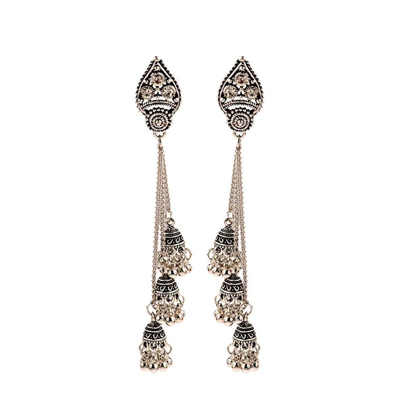Silver CARTER LISA этнические антикварные длинные золотые Jhumkas цыганские колокольчики Boho Винтажные висячие серьги для женщин цыганские украшения Oorbellen - Окраска металла: Silver