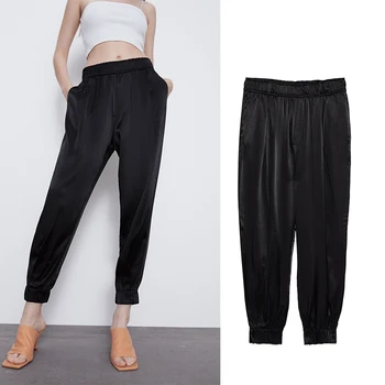 

Za 2020 New Women Long Pants with High Wasit Harem Pant Solid England Casual Summer Ankle Length Silk Trousers