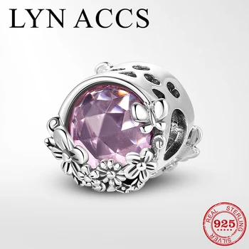 

Butterflies and Flowers Charms 925 Sterling Silver Pink Big Zircon Fine Beads fits Original LYNACCS DIY Bracelet Women Jewelry