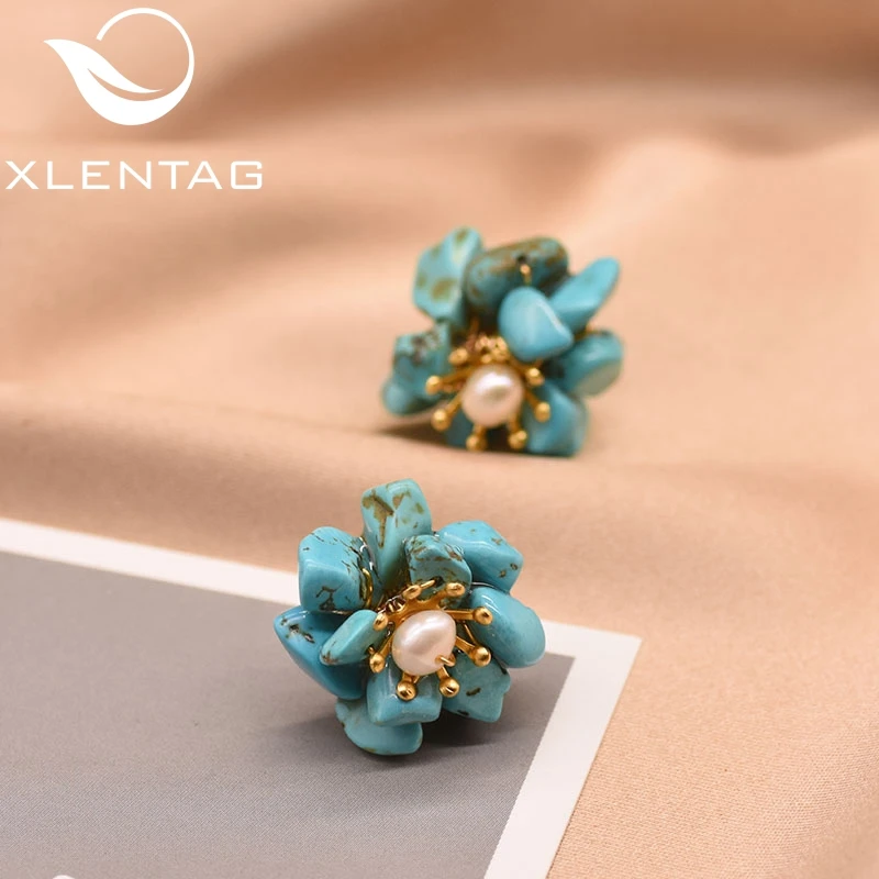 XlentAg, серьги-гвоздики с натуральным бирюзовым цветком для женщин, девушек, влюбленных, на день рождения, для вечеринки, милые ювелирные изделия, аксессуары для женщин GE0780B