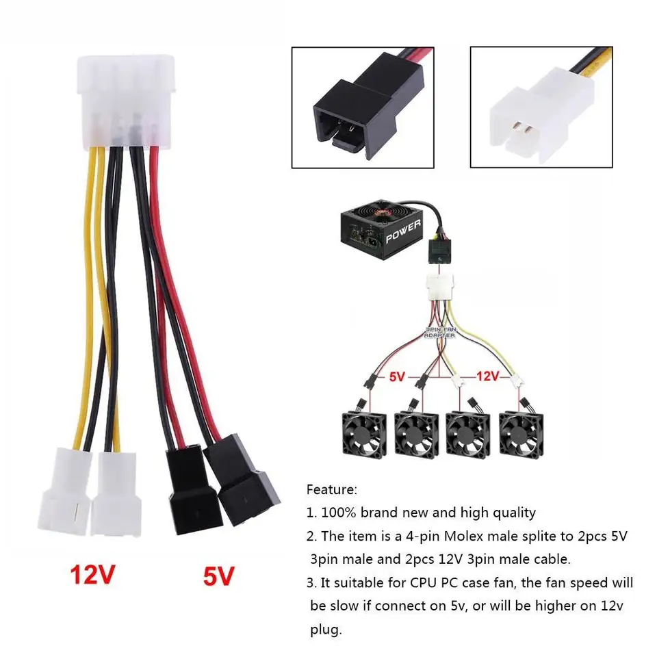 YieJoya Adattatore di Alimentazione della Ventola 4Pin da Molex a 5 x 3 Pin / PMW 12V per PC