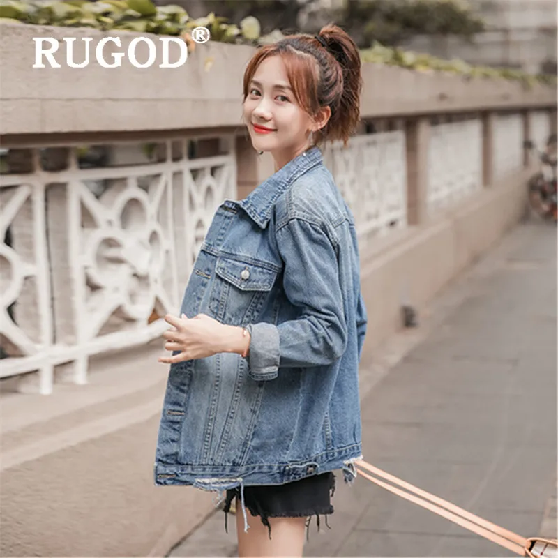 RUGOD Осенняя новая стильная свободная винтажная однотонная джинсовая женская Kpop одежда Fanshion