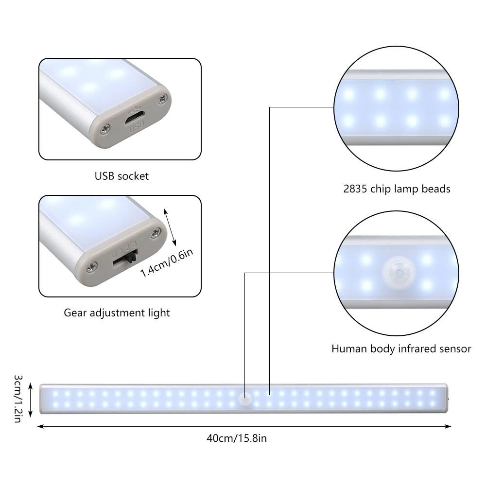 40CM 60LEDs Wireless Under Cabinet Light USB Rechargeable Closet Lights Motion Sensor Magnetic Strip Night Lamps For Kitchen