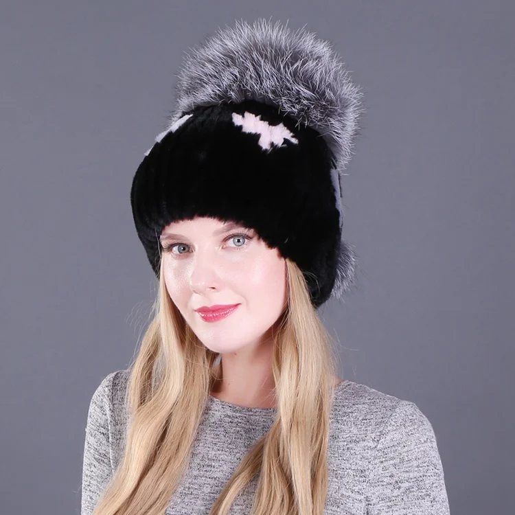 color3 Fur Hat For Female With Luxury Fluffy Ball Russian Hats New Cold Winter Genuine Rabbit Fur New Striped Benies Hats - Цвет: color3