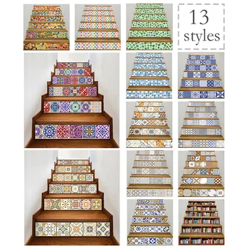 

6Pcs Arabic Style Colorful Tiles Creative Home Stairs Stickers Corridor Stairs Decorative Waterproof and Oil Proof Floor Sticker