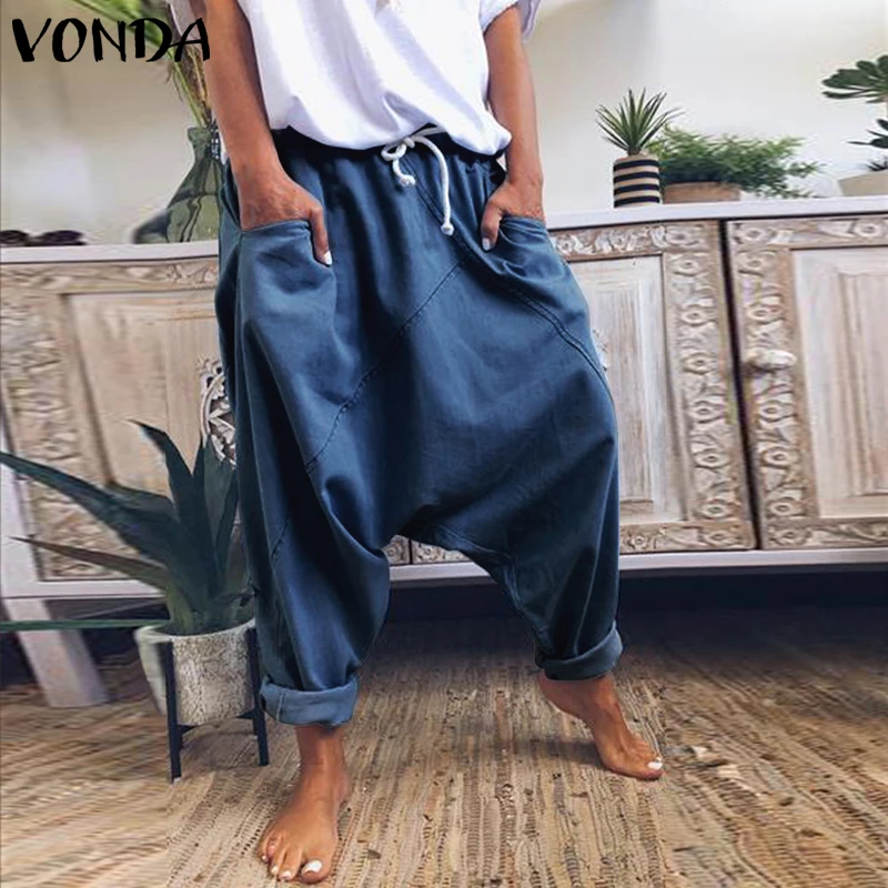 VONDA джинсовые штаны-шаровары Повседневные однотонные женские брюки больших размеров широкие брюки женские богемные летние брюки