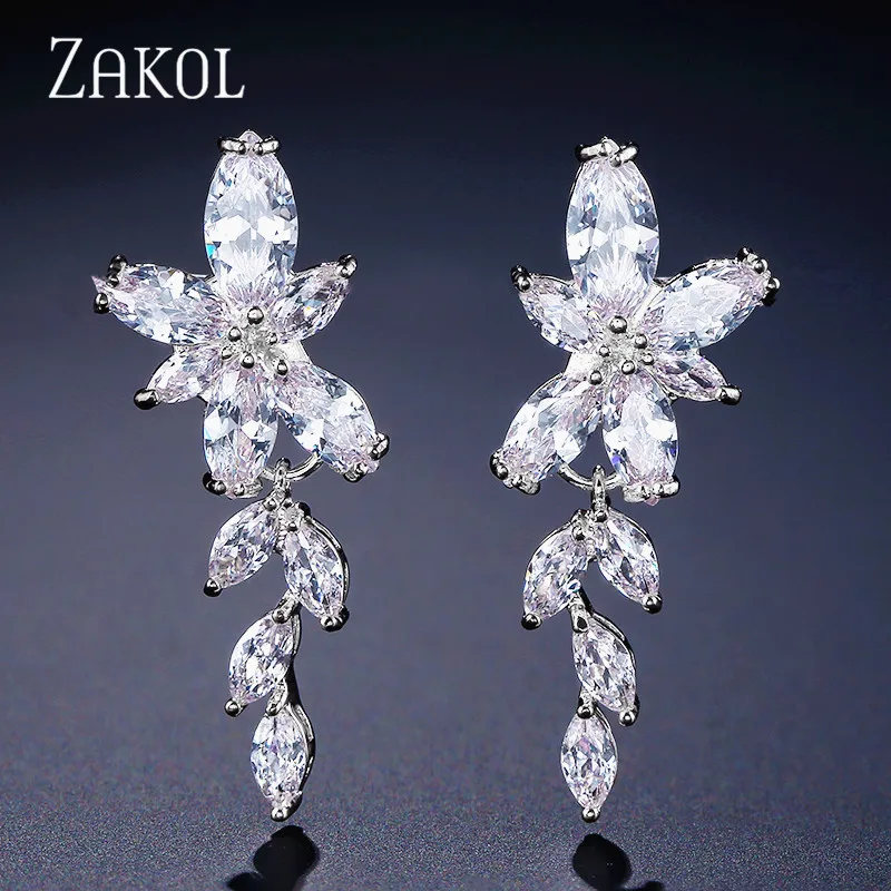 

FEILANG Elegant Design Marquise Shape Cluster Flower Zirconia Diamond Bridal Long Dangle Earrings (FSEP167)