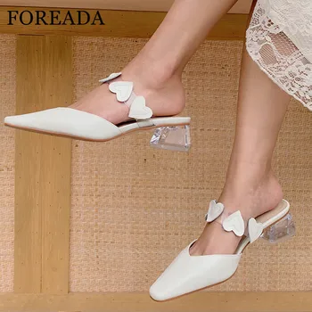 

FOREADA Natural Genuine Leather High Heels Transparent Mules Shoes Crystal Block Heel Shoes Square Toe Pumps Female Footwear 40