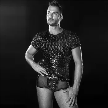 

Faux Leather Men Lingerie Set Black Sexy Vinyl Erotic See Through Hole Undershirt Top Transparent Boxers Gay Underwear Set