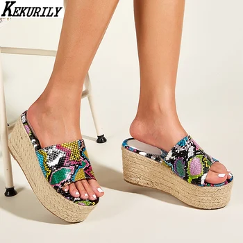 

2020 Snake Prints Slippers Women Wedges Platform Shoes Summer Mixed Color Slides Thick Bottom Fisherman Shoes Sandalias Mujer