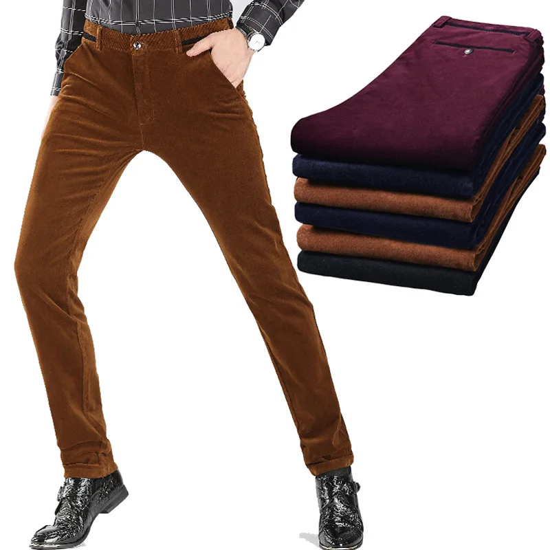 Otoño Invierno elástico pantalones de pana de los hombres moda de Corea negocios pantalones de mediana edad pantalones de los hombres con estilo Jogger vino pantalones rojos hombre