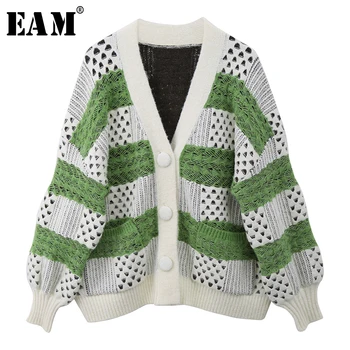 

[EAM] Green Striped Big Size Knitting Cardigan Sweater Loose Fit V-Neck Long Sleeve Women New Fashion Autumn Winter 2020 1X271