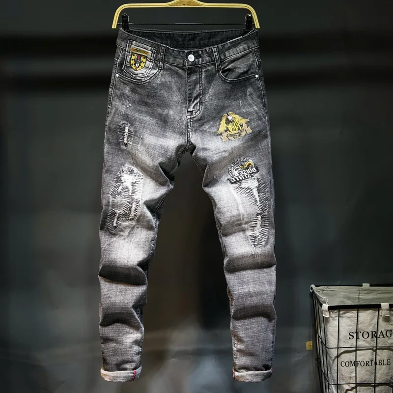 

Embroidered jeans men's Korean slim elastic straight leg men's jeans youth fashion personalized casual pants