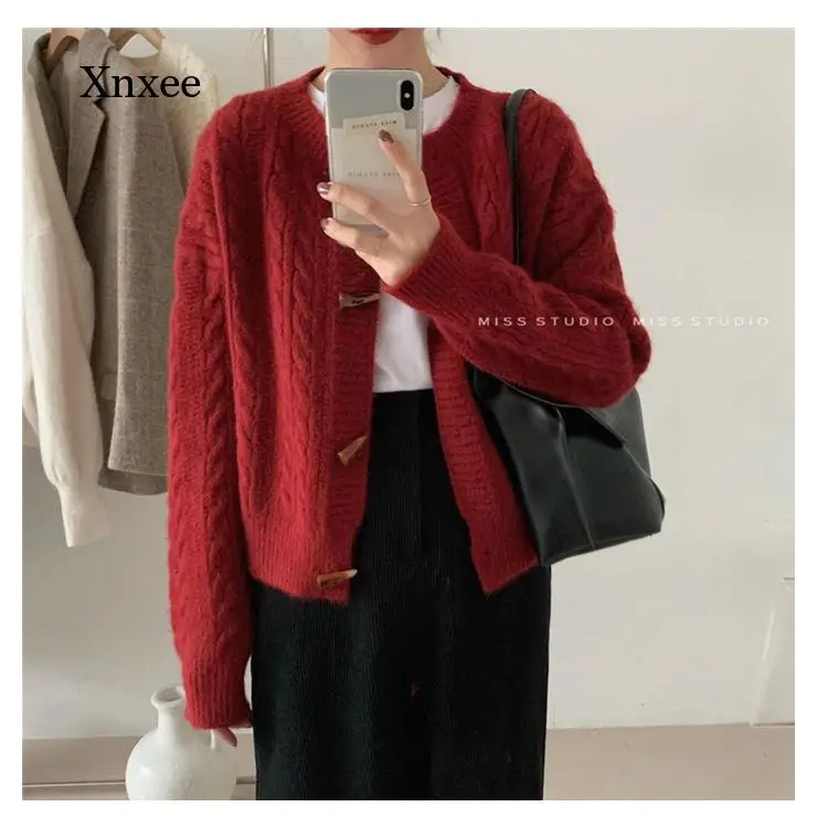 

Women Knit Cardigan Spring Horn Button New Korean Version of Loose Twist Retro Sweater Coat Autumn Long Sleeve Blouse Clothing