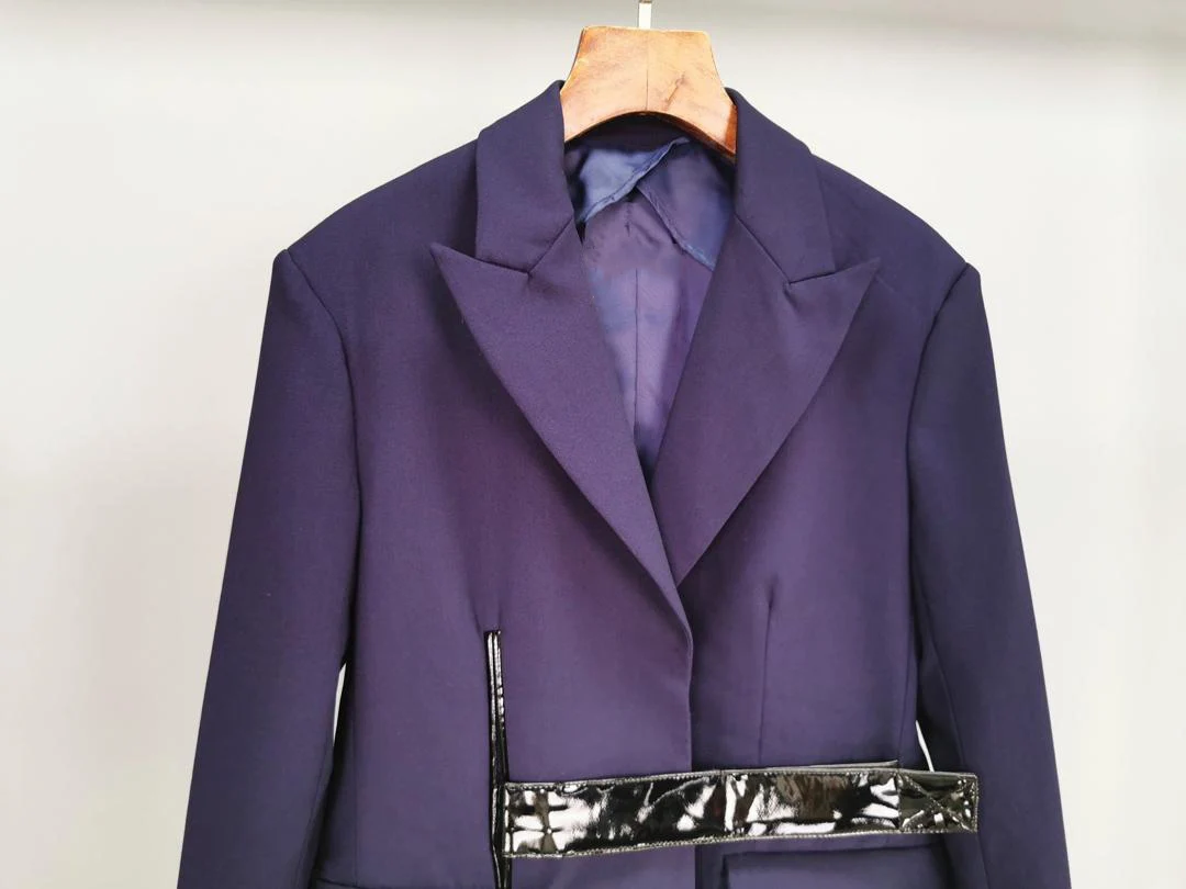 Новые женские высокого качества Модные с длинными рукавами однотонный лацкан ремень Костюм 0815