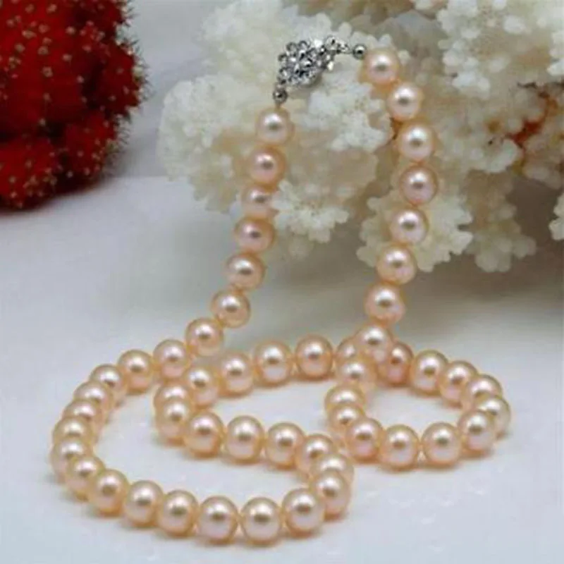 

Beautiful! 9-10mm Pink Real Natural Pearl Necklace 18" jj