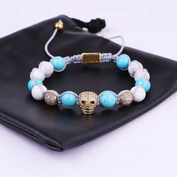 New Fashion Women Bracelet CZ Micro Pave Skull Charm Natural Stone Woven Macrame Bracelet Women Lady