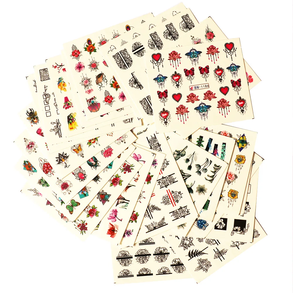 24pcs Nail Stickers Water Transfer Adhesive Decals Jewel Flower Full Stickers Watermark Nail Art Decoration Manicure Tattoo Tips