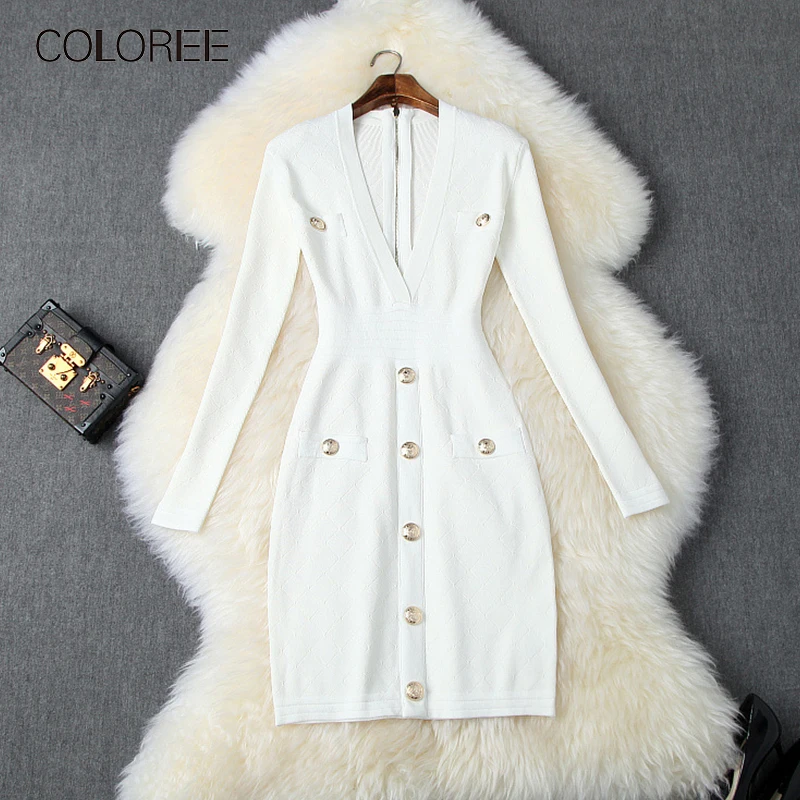 

COLOREE Autumn 2019 Women Mini Dress Runway Designer Long Sleeve Sexy Deep V-neck White/Black Dress Vintage Buttons Knit Dress