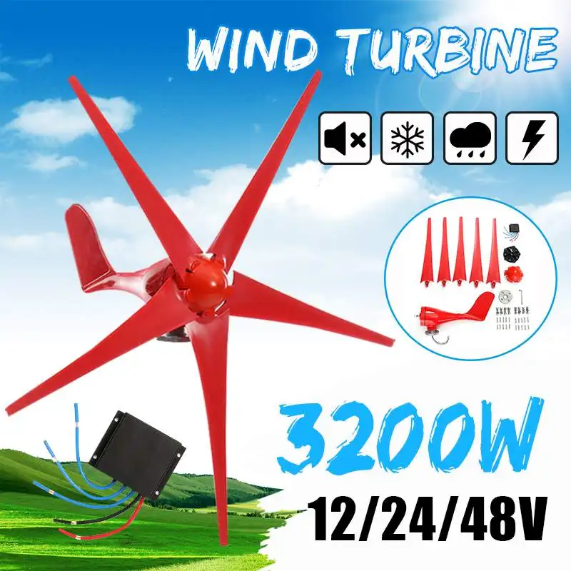 

3200W AC Permanent Wind Turbines Generator 12/24/48V 5 Nylon Blades Household Power Generator w/Controller for Solar Streetlight