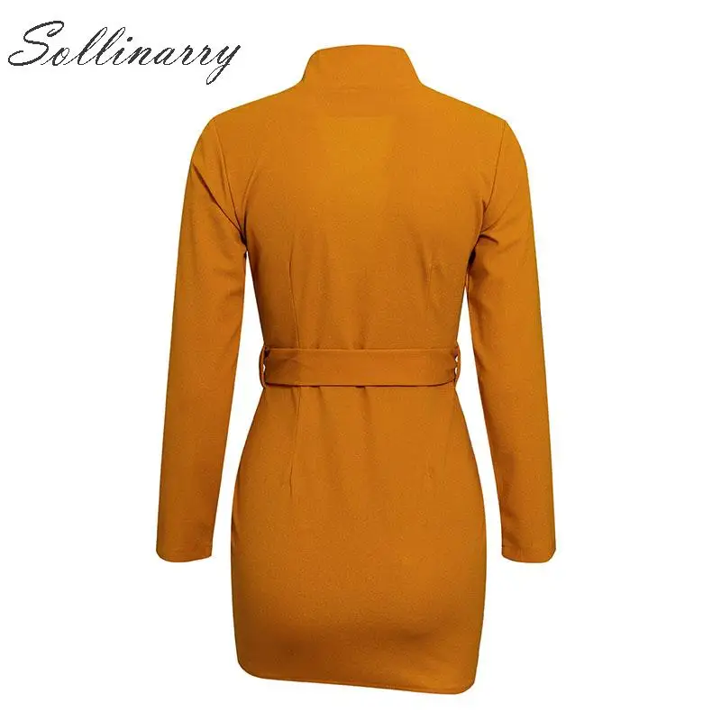 Sollinarry, желтое Сексуальное мини-платье для женщин,, длинный рукав, пуговицы, OL, офисное, тонкое, вечерние, женское, с высокой талией, зимние платья