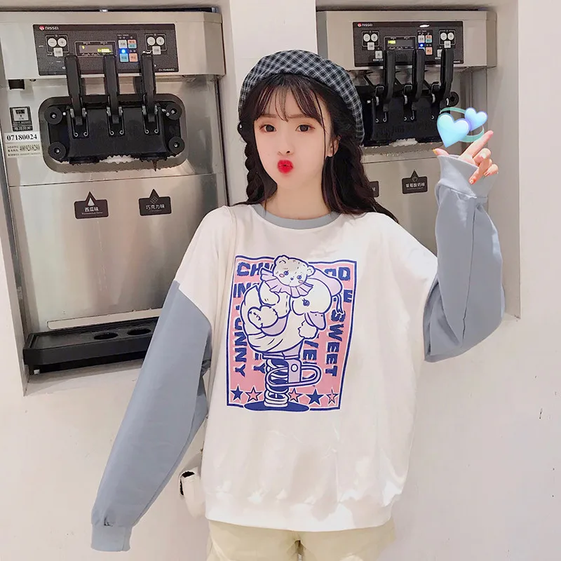 Lychee Harajuku Лоскутные Повседневные женские пуловеры с вырезом лодочкой милый кот с буквенным принтом Женская толстовка свободные осенние дамские свитшоты Топы