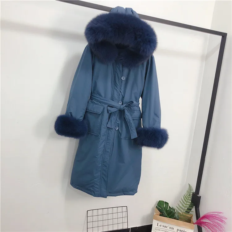 blue Настоящий воротник из натурального меха Длинные пуховики, парки, новое зимнее пуховое пальто для женщин с капюшоном, белый пуховик на утином пуху, женская теплая зимняя верхняя одежда - Цвет: blue