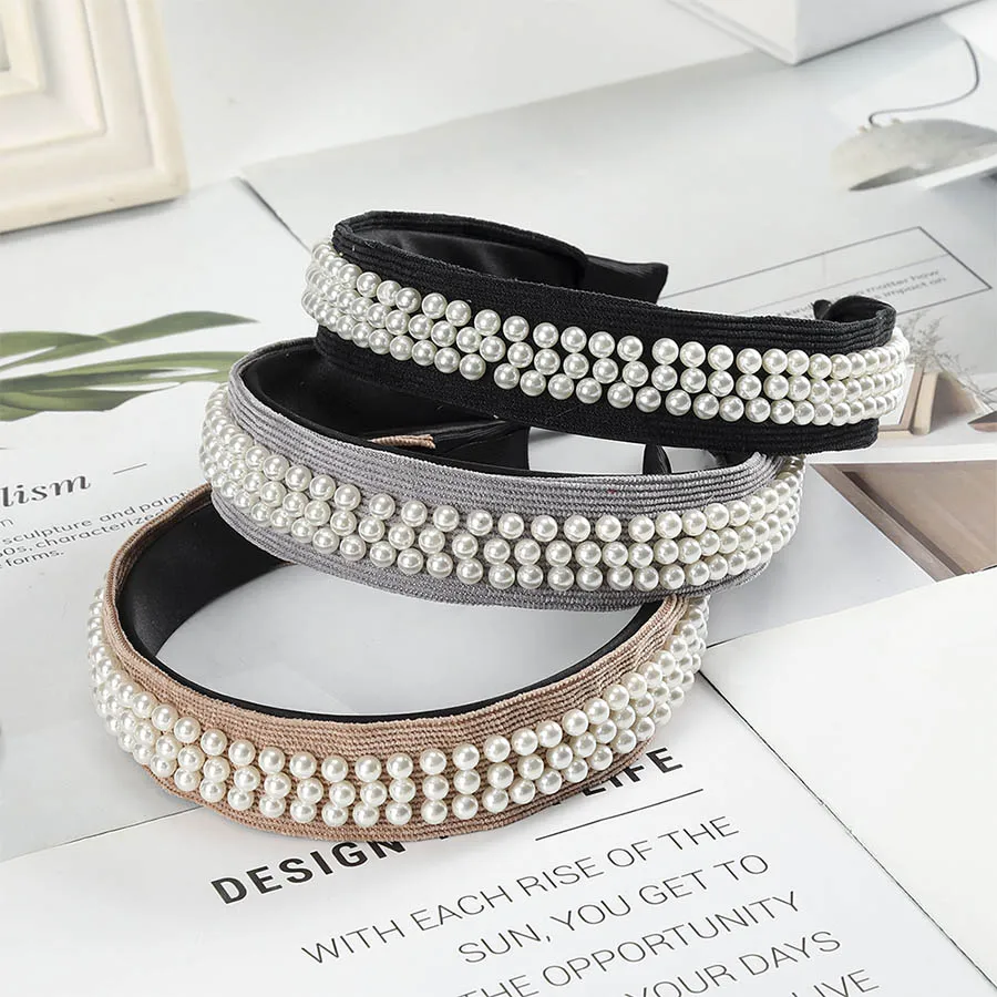 Женская прижимающая повязка на голову Haimeikang, элегантный универсальный однотонный обруч корейского стиля с жемчужинами