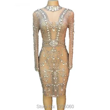 

Sparkly Big Crystals Mesh Perspective Dress Evening Party Dresses Birthday Celebrate Costume Singer Performance Dance YOUDU