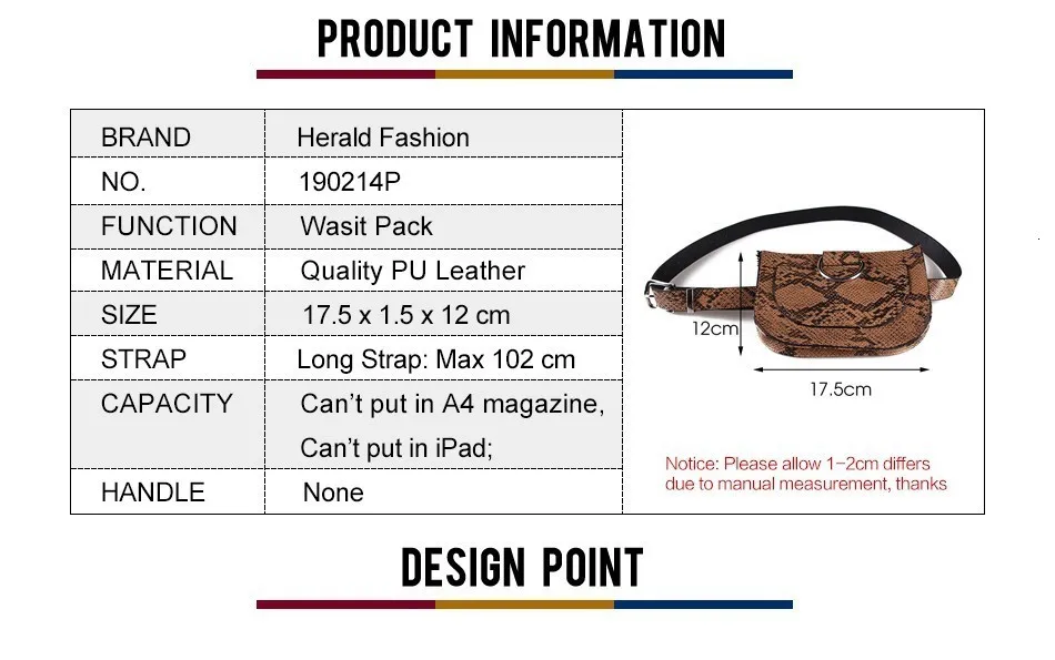 Herald модные женские туфли поясная Сумка Винтаж Змеиный мешок качество PU кожаный чехол для телефона змеиной кожи