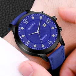 GENEVA Reloj de pulsera con diamantes incrustados para hombre, cronógrafo informal con correa de cuero y cuarzo, con calendario