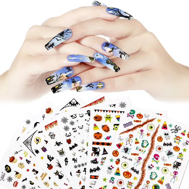 1pcs new Halloween nail stickers adhesive 3D water transfer pumpkin lamp skull maple leaf metallic art | Красота и здоровье