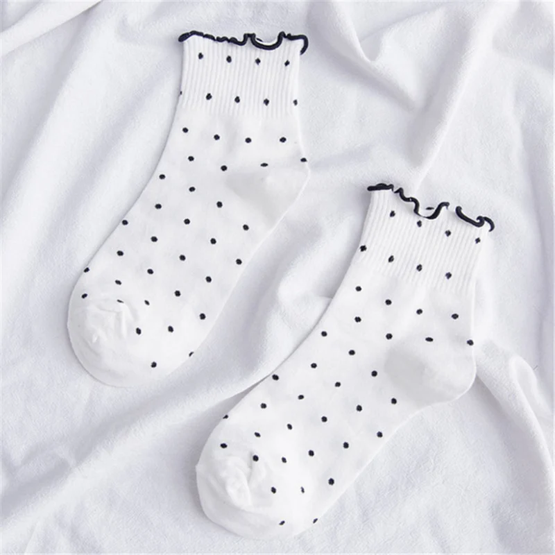 Женские носки Осенние полосатые хлопковые однотонные кружевные милые повседневные дышащие белые женские модные женские носки 1 пара - Цвет: White Dots