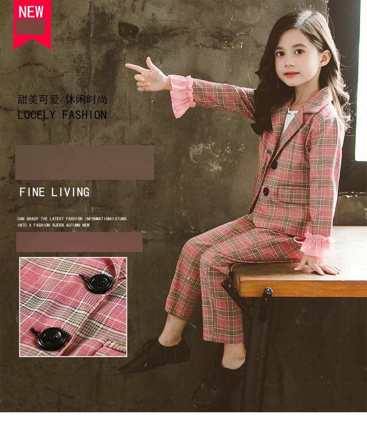 Clothes For Girls Plaid Blazer& Pants Suit For Girls Party Turn Down Collar Girls Sets Autumn Fashion Kid Clothing For Girls