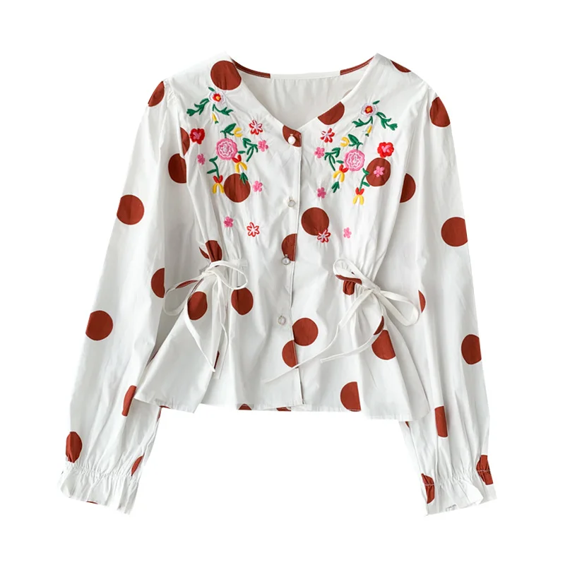 Neploe, женская блузка с цветочной вышивкой, шнурок, шнуровка, тонкая талия, короткая рубашка, однобортный, точечный фонарь, рукав, Blusas 55844