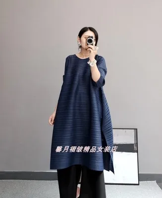 Тёмно-синий Лидер продаж Miyake модные однотонные складные с круглым воротником Длинные рукава большие трапециевидные платья - Цвет: Тёмно-синий