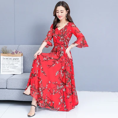 Красный Винтажный шифоновый Boho Макси Сарафан большого размера пляжный отдых миди летние платья элегантные женские облегающие вечерние платья - Цвет: Красный