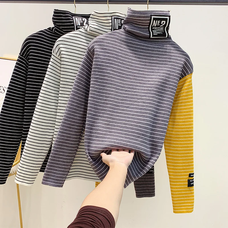 

Yellow Stripe Sweater Women New Undershirt Letter Splicing Stripes Turtleneck Long Sleeve Knitted Shirt Female Jumper Pullover