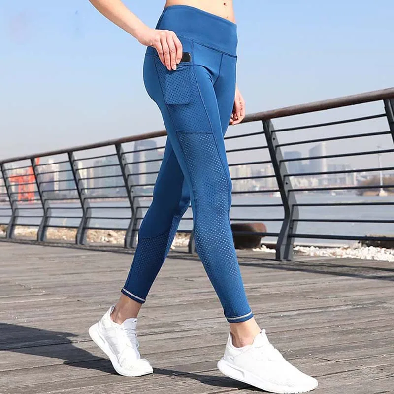 Дышащие сетчатые колготки для бега, женские эластичные спортивные брюки для фитнеса, светоотражающие Леггинсы для йоги, спортзала с карманом