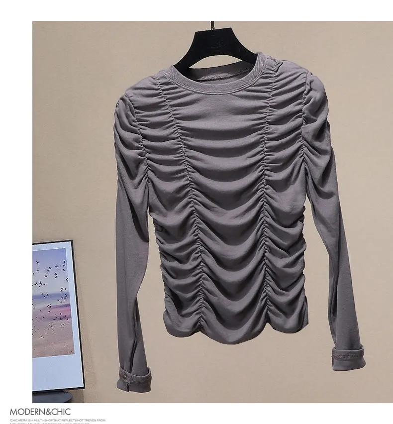 Retro Long Sleeve Pullover Tshirt Women Spring and Autumn New Temperamen Pleated T-shirt Woman All-match Tops T Shirts Tee