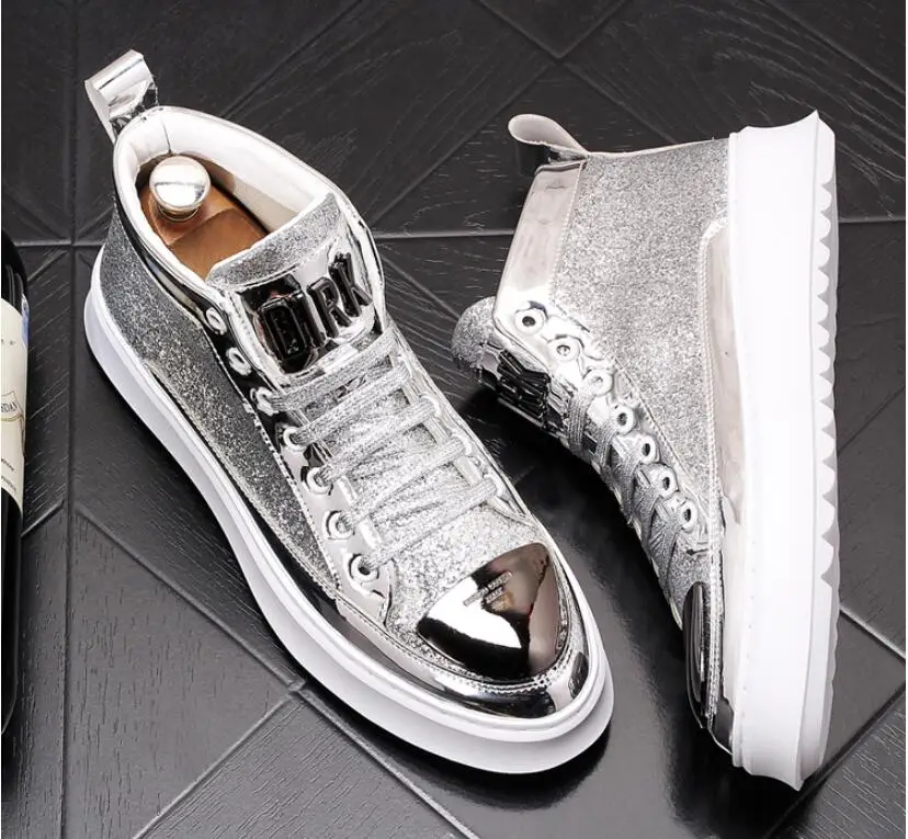 High Quality Men High Top British Style Shoes Mens Causal Luxury Shoes gold white Bottom rubber Shoe for Male Casual Ankle Boots