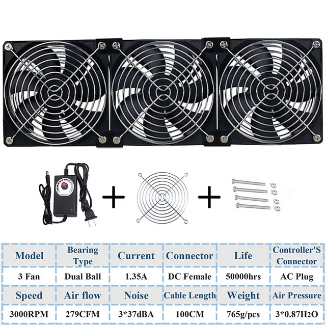Gdstime 120mm DC 12V 220V Fan Mining Computer Chassis Workstation Radiator 12cm 120mmx25mm High Speed Router Server Cooling Fan 3 Fan Ball 3000RPM