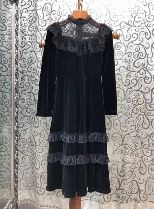 Высокое качество, новинка, осенне-зимнее вечернее платье Vestidos, женское сексуальное кружево ласкутное прозрачное винтажное платье до середины икры с длинным рукавом