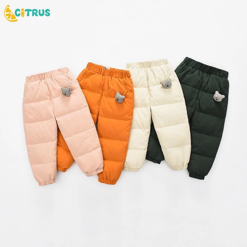 

CITRUS Baby Winter Down Pants Thickened Newborn Children's Solid Trousers Warm Elastic Waist Long Trousers With Bear Pendant
