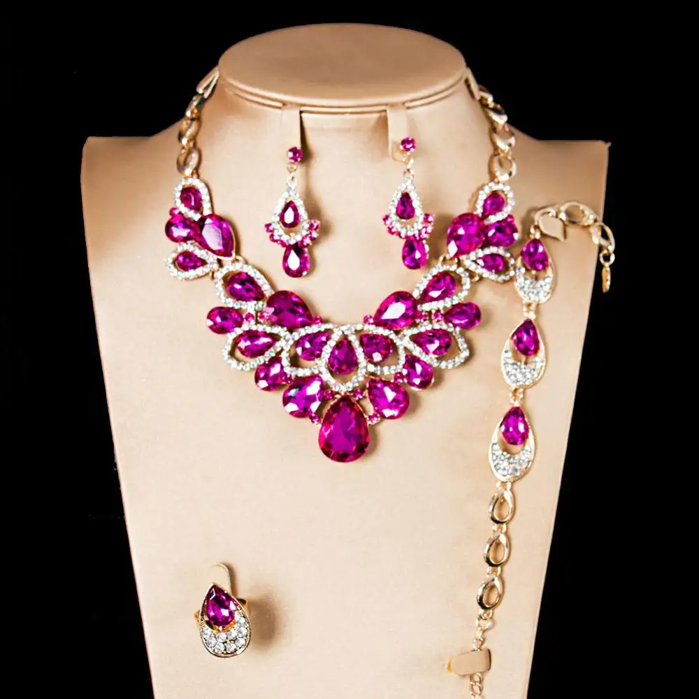 Увеличенное ожерелье со стеклянными кристаллами браслет кольцо и серьги с